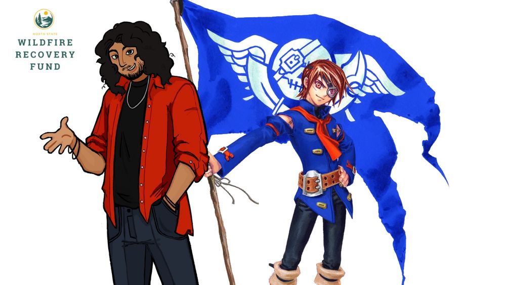 Cartoon me is standing next to Vyse, the protagonist of the Skies of Arcadia JRPG, as he waves the default Blue Rogues flag