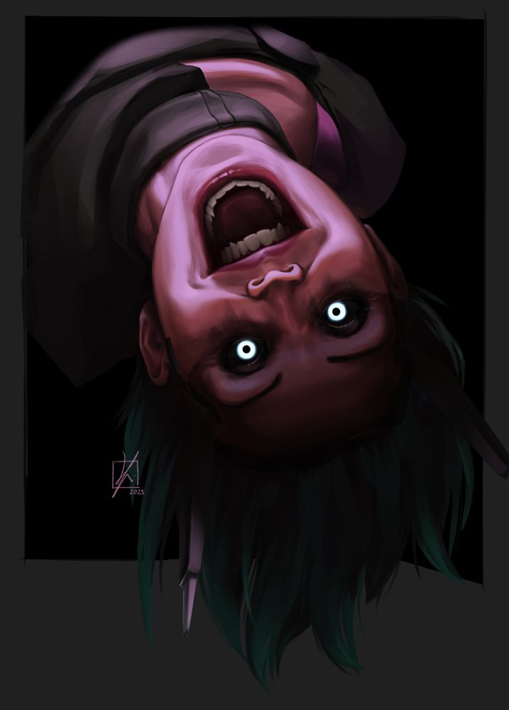 Digital painting portrait of Alter from Apex Legends. She is bending her back far enough that she is upside down, looking straight at you. A light comes from above lighting up the lower half of her face, leaving her eyes in shadow which make the glow of her white irises stick out. She has her mouth open in a wide evil smile, sharp canines subtly visible.