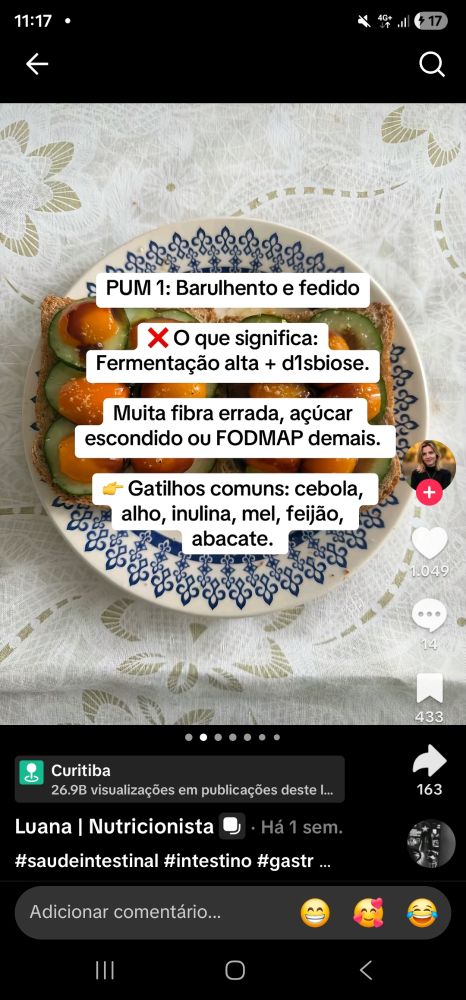 Print de tiktok com imagens. O perfil é de uma Luana Nutricionista e tem hashtags como saúde intestinal, intestino e outras.

PUM 1: Barulhento e fedido

O que significa: fermentação alta + disbiose [a palavra disbiose tem o número 1 no lugar do primeiro i]

Muita fibra errada, açúcar escondido ou FODMAP demais.

Gatilhos comuns: cebola, alho, insulina, mel, feijão, abacate.
