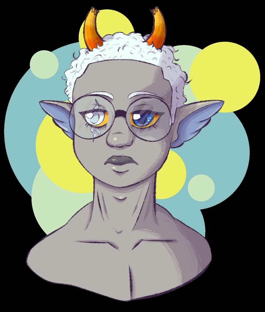 A homestuck fantroll with green, blue, and yellow dots in the background. His skin is grey, curly short hair is white. He has two candy corn colored horns on his head. He wears large glasses and has one white eye and one blue.