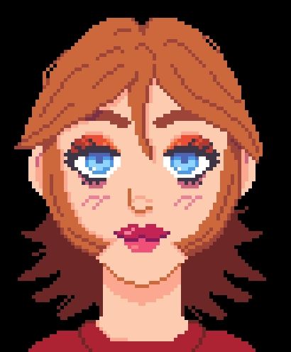 Pixel art of a young woman. She has a red shirt and red eyeshadow, as well as red lipstick.