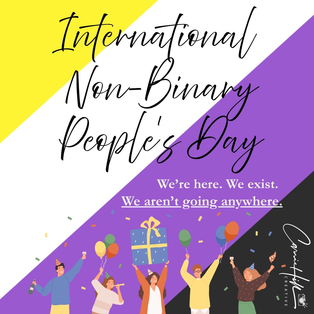 Text header reads "INTERNATIONAL NON-BINARY PEOPLE'S DAY - We're here. We exist. We aren't going anywhere." Background is the non-binary pride flag.
