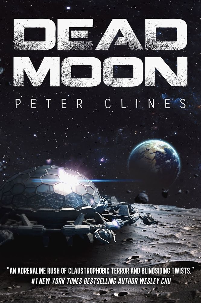 The cover for DEAD MOON, showing a futuristic domed structure on the Moon with the Earth in the background