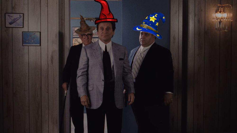 Goodfellas Joe Pesci scene where he opens the door but they're all wearing wizard hats, no spoilers!
