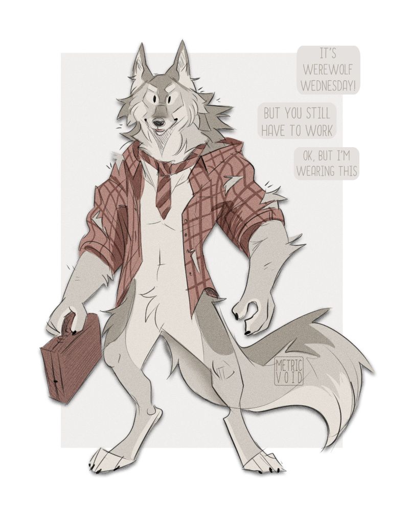 werewolf drawing, he's wereing a plaid shirt and a tie, holding a brief case. He's dressed for work!