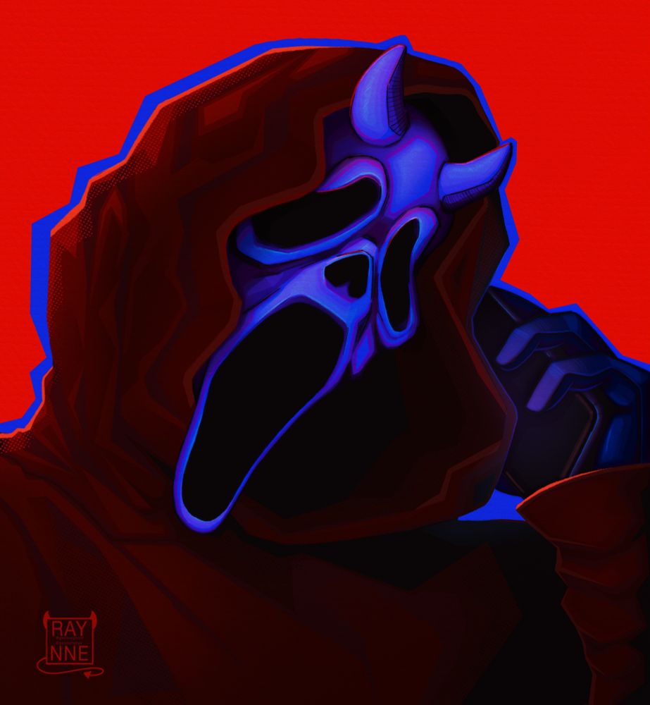 red and blue illustration of ghostface with devil horn mask