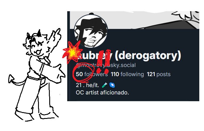 chibi mspaint drawing of my persona, a short haired character with a demon tail and horns, showing off a screenshot of my profile, which has 50 followers