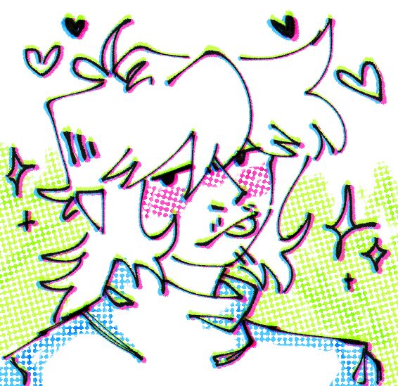 headshot of Aubrey, looking to the side and sticking out his tongue. The piece is drawn using a brush with a green, cyan and magenta colour jitter to the lines, with the same colours used to shade the piece in halftones