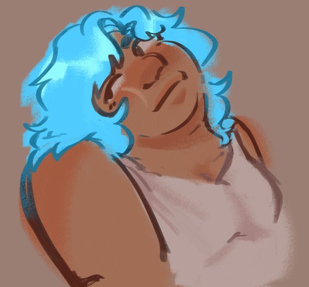 Micah, a character with mid-toned skin, long blue hair and a scar over his left eye is leaning his head on one shoulder, looking off to the side with a soft smile. The piece is drawn with a textured charcoal brush, with colours spilling outside the lines.