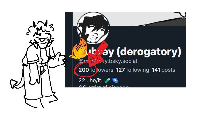 chibi mspaint drawing of my persona, a short haired character with a demon tail and horns, nervous / overwhelmed, showing off a screenshot of my profile, which has 200 followers