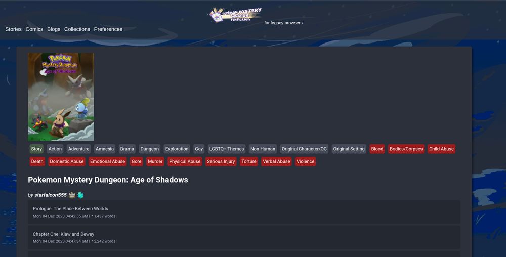 PMDFF for legacy browsers screenshot, showing the fic "Age of Shadows", with it's cover art, by author starfalcon555 (with the moderator and beta tester badges).