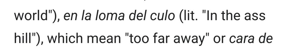screenshot of text: 'world"), en la loma del culo (lit. "In the ass hill"), which mean "too far away" or cara del"