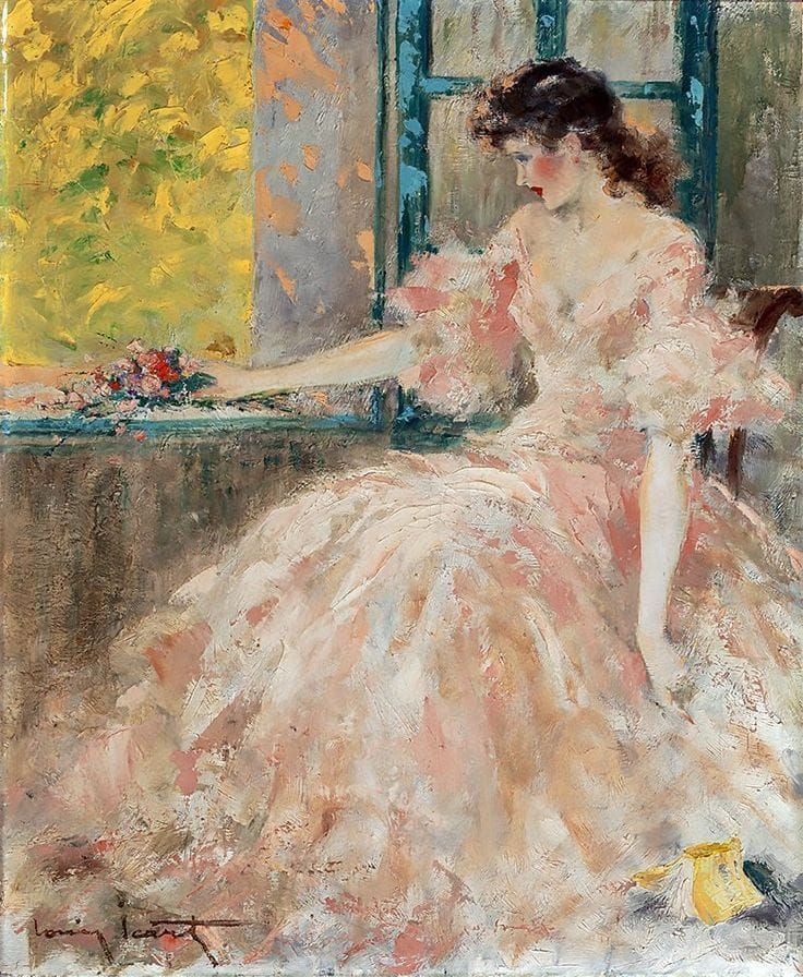 painting by louis icart of a woman in a pink gown holding flowers in her hands, sitting by a window looking into a garden