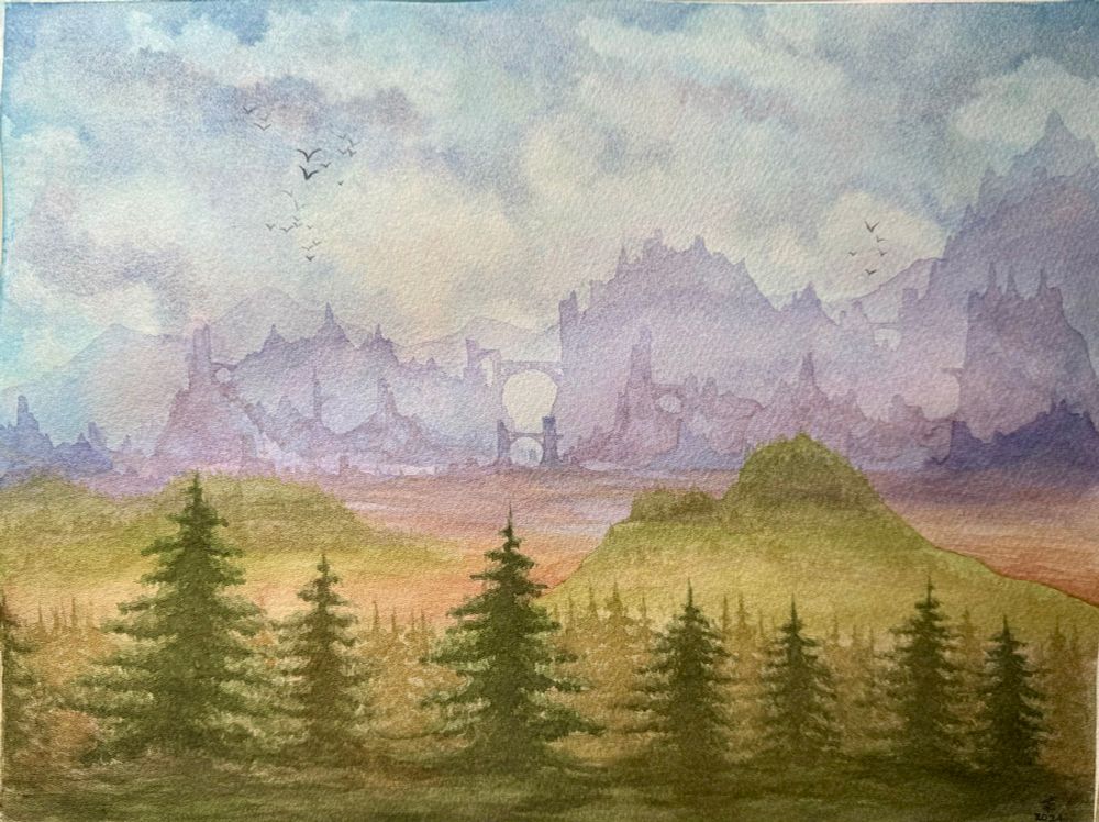 A watercolour painted fantasy landscape. A cloudy sky with birds over distant jagged mountains leading over a plain with a pine forest in the foreground