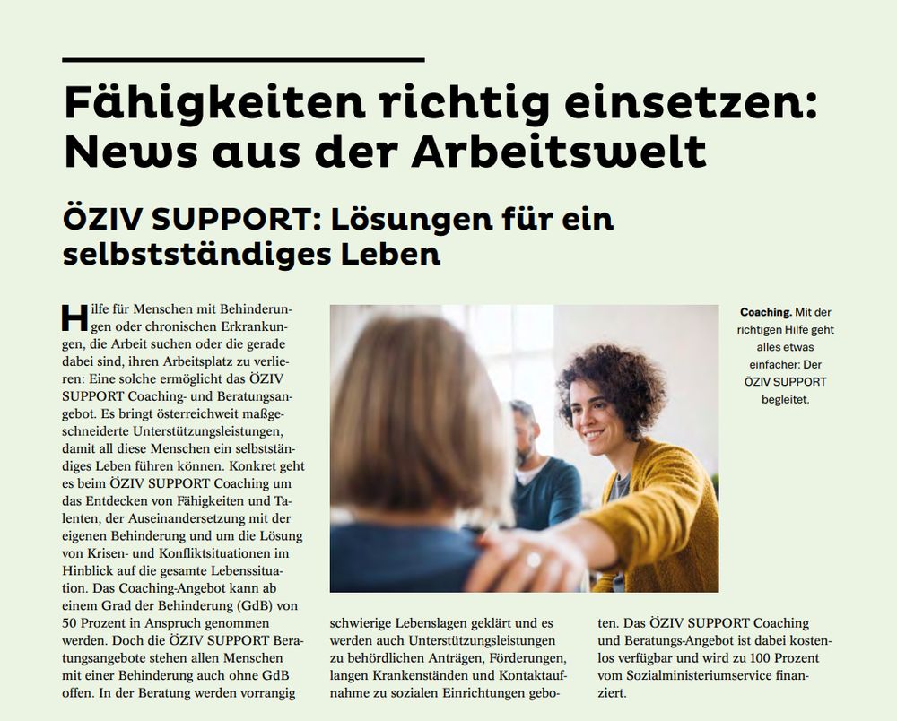 Das Bild zeigt einen Artikel mit der Überschrift "Fähigkeiten richtig einsetzen: News aus der Arbeitswelt - ÖZIV SUPPORT: Lösungen für ein selbständiges Leben"