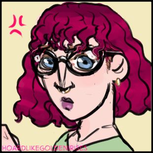 A disgruntled woman with curly hair in a bob, dyed crimson. She glares out with big blue eyes from behind her glasses.