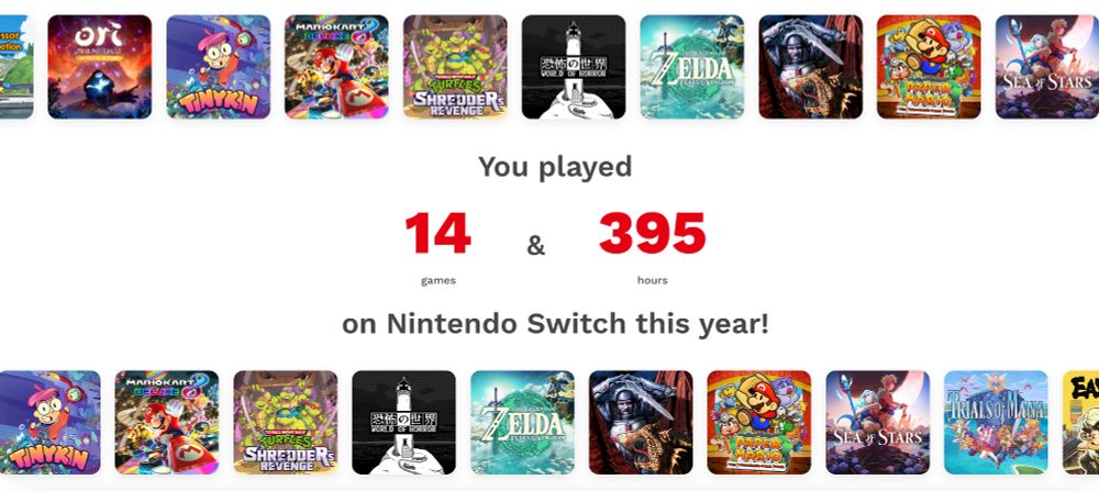 The image shows a snippet from my personal Nintendo Switch year in review for 2025, showing how many games I played and how many hours in total: 14 games and 395 hours

You can check out your Switch year in review here: https://year-in-review.nintendo.com/en-gb/