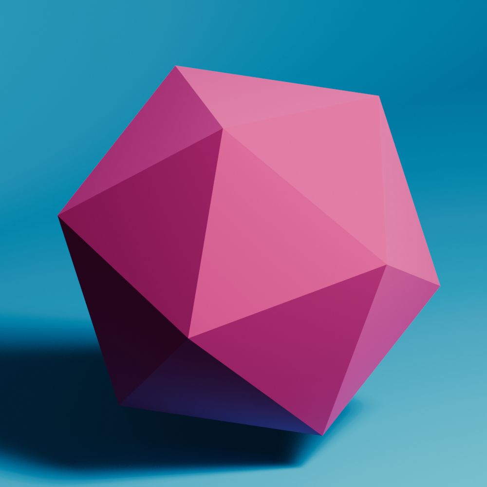 A 3d render of a pink icosahedron floating above a blue background.