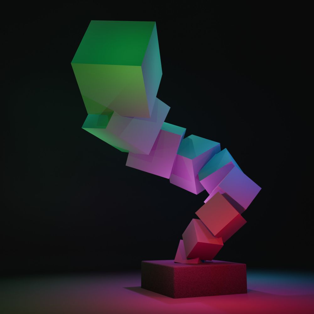 A 3d render of an abstract sculpture consisting of cubes spiraling upwards. It is lit by many different colored lights.
