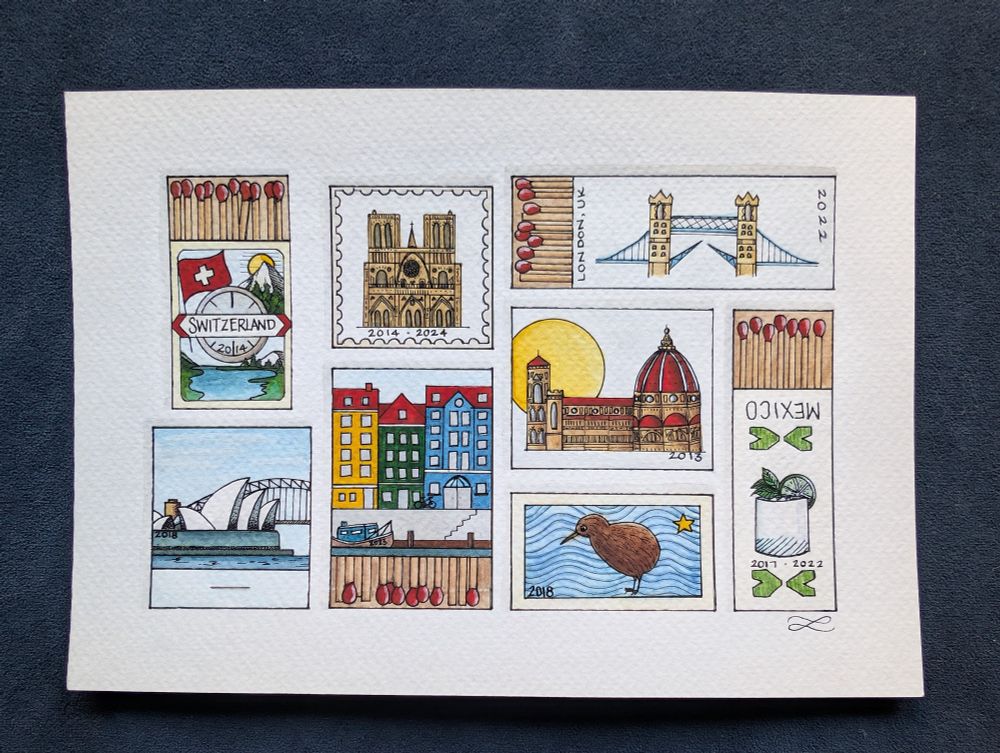 Matchbook cover artwork, created with watercolor and ink. 

From left to right: 1) Switzerland matchbook that is opened revealing it's red-tipped matches. Switzerland is written in the middle on top of a compass with 2014 written on it, with a Swiss flag above and to the left, a mountain with a sun behind it to the top right, below is a lake surrounded by greenery and distant mountains. 2) a simplified Notre Dame on top of a stamp-like outline, dates 2014 and 2024. 3) London, UK matchbook with red-tipped matches being revealed, with Tower Bridge drawn on the matchbook with the date 2022 written vertically on the top right. 4) Bottom row. Sydney Opera House with the Sydney Harbour Bridge in the background. This matchbook has a front closure with a staple holding the mat he's in place. 5) colorful Copenhagen houses in yellow, green, and blue, with a boat dated 2023, this matchbox is open showing red-tipped matches.  6) Middle top: Florence's Duomo with a large sun on the left 7) Middle bottom : A Kiwi bird in the middle of a wavy lined blue background. 2018 in the bottom left, and a yellow star in the top right. 8) A skinny tall matchbox with Mexico written upsidedown and an open matchbook with red-tipped matches. A cocktail with a lime wedge and mint, and green accents, dated 2017 and 2022. Signed by the artist. 

