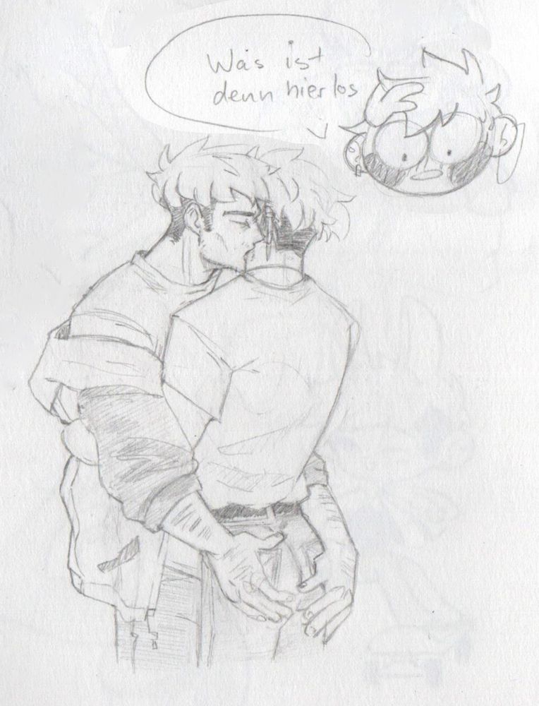 It's a pencil drawing of two characters making put. The larger character is biting the slimmer characters neck. The neck bitten characters reacts flustered with "Was ist den hier los" which translates to "What is happening".