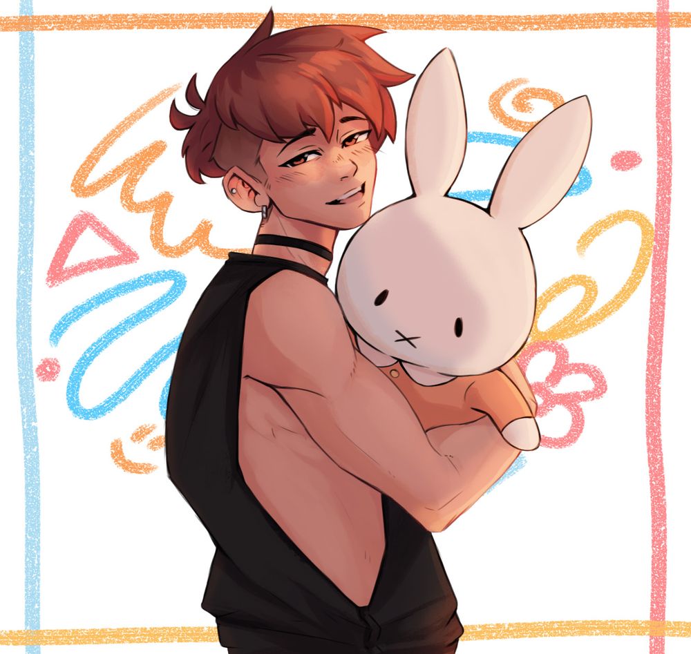 It's a digital drawing of a brown haired OC in a black tank top holding a huge miffy plush. He is shown with a soft nearly puppy like expression. The background has childish scribbles in orange, yellow, blue and red.

The OCs name is Yo Adley and uses any pronouns.