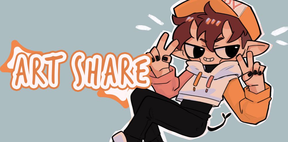 It's a digital cropped drawing of chibi imp. They're shown smiling and gesturing peace signs. They're wearing a cropped hoodie in peach, soft oranges and white, a black undershirt and black pants. On the left to them is a short text. It reads "Art Share" in bold letters.