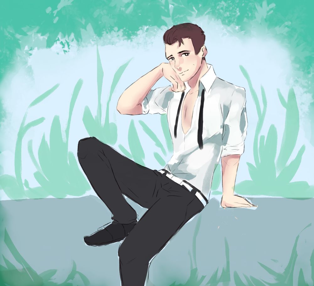 It's a digital sketch of Connor from Detroit become human. A brown haired character is shown sitting on a concrete slap. His clothes are a simple button-up shirt, a tie loosely hanging around his neck and black pants. The background and foreground are filled with soft green plants.