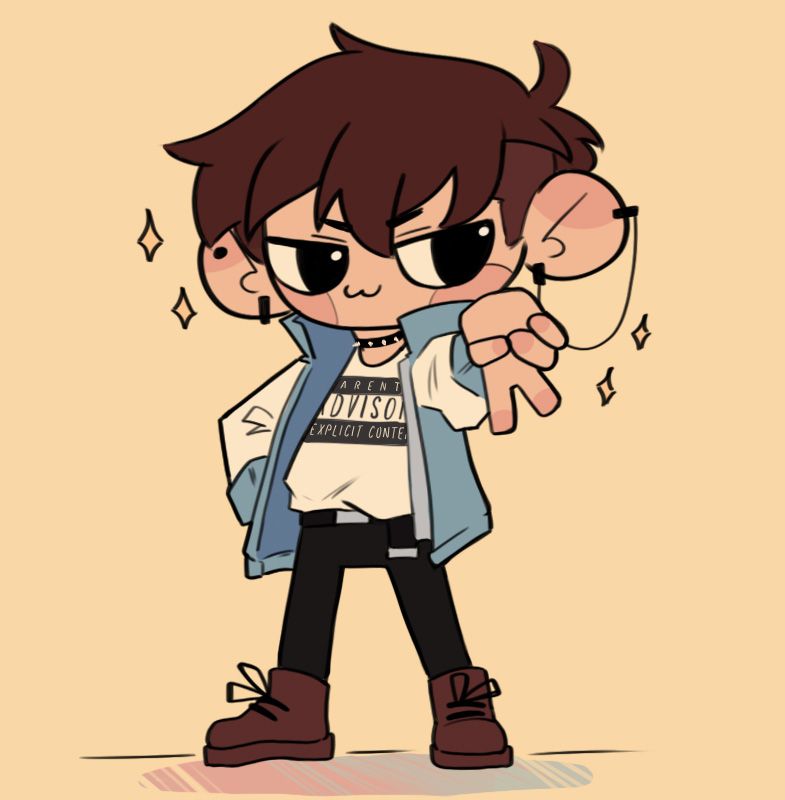 It's a digital drawing of an OC in a chibi version. The dark brown haired character is posing proudly with a peace sign and a smug expression. He is shown wearing a printed shirt with "Parental Advisory Explicot Content", black pants, brown boots and a huge warm blue white jacket. The background is a soft yellowish tone.