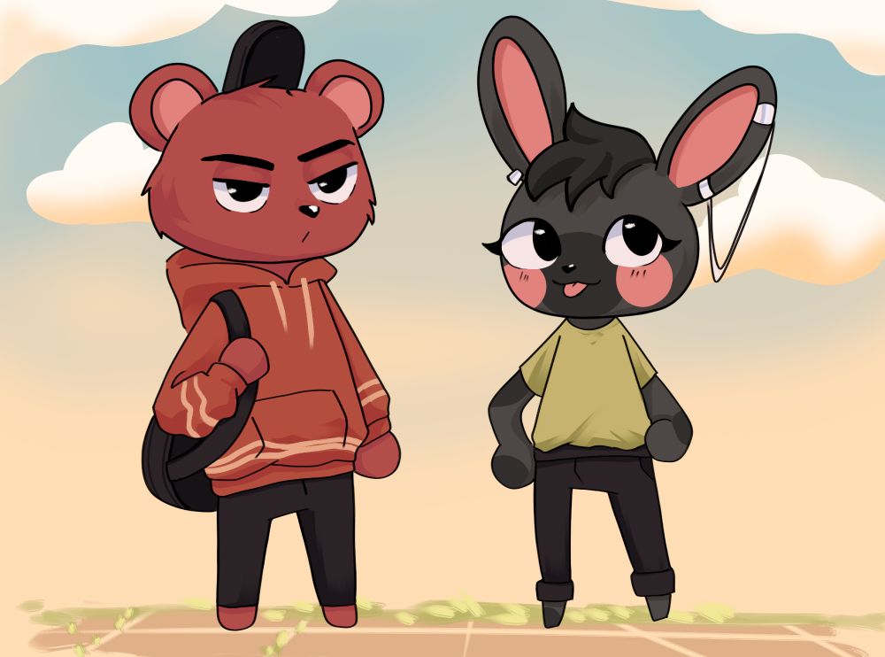 It's a digital drawing of two OCs as Animal Crossing Villagers. On the left is a red bear with a grumpy expression. He wears a huge red hoodie and a guitar bag over his one shoulder. On the right is a black and grey bunny with pink cheeks. He has round eyes and sticking his tongue out. He wears a green shirt and has ear rings on their long ears.