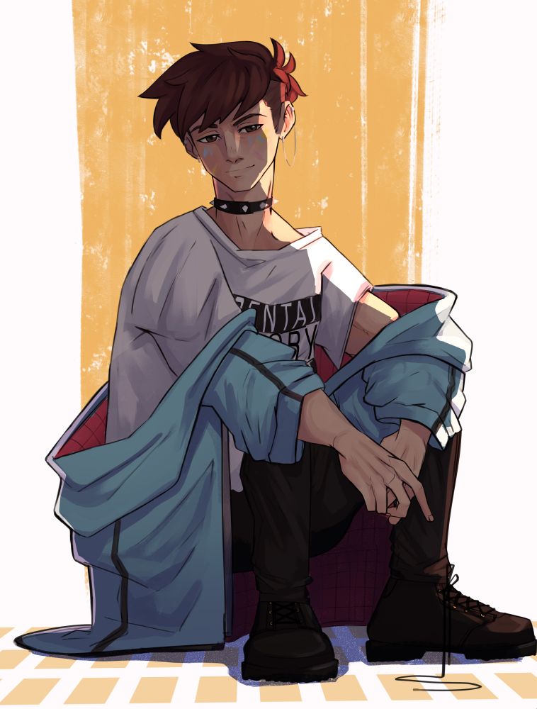 It's a drawing of the dark brown haired OC Yo Adley. Their shown squatting. They are wearing a spiky collar, a big white shirt with a "parental advisory explicit content" print, a big blue pink jacket slipping off their shoulders, black pants and black shoes. The background shows simple shapes in yellow.