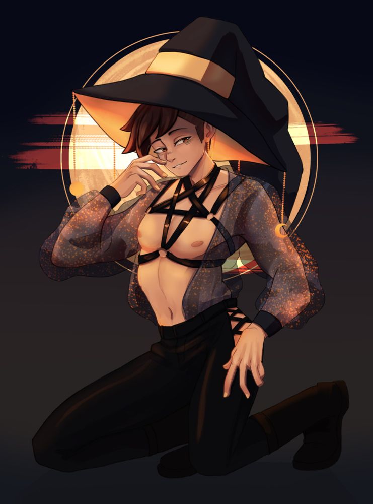 It's full body drawing of the OC Yo Adley. They're dressed up as a sexy witch. They're wearing a translucent top, pentagram harness, tight pants and a huge witch hat. The overall color scheme is dark blue and gold.