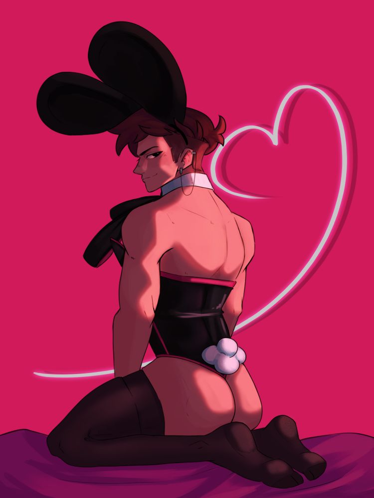 It's a brown haired character in a sexy, black bunny suit with vibrant pink accents. He is showing his back towards the viewer. In his side profile is a visible smirk. The overall color scheme is in vibrant pinks.