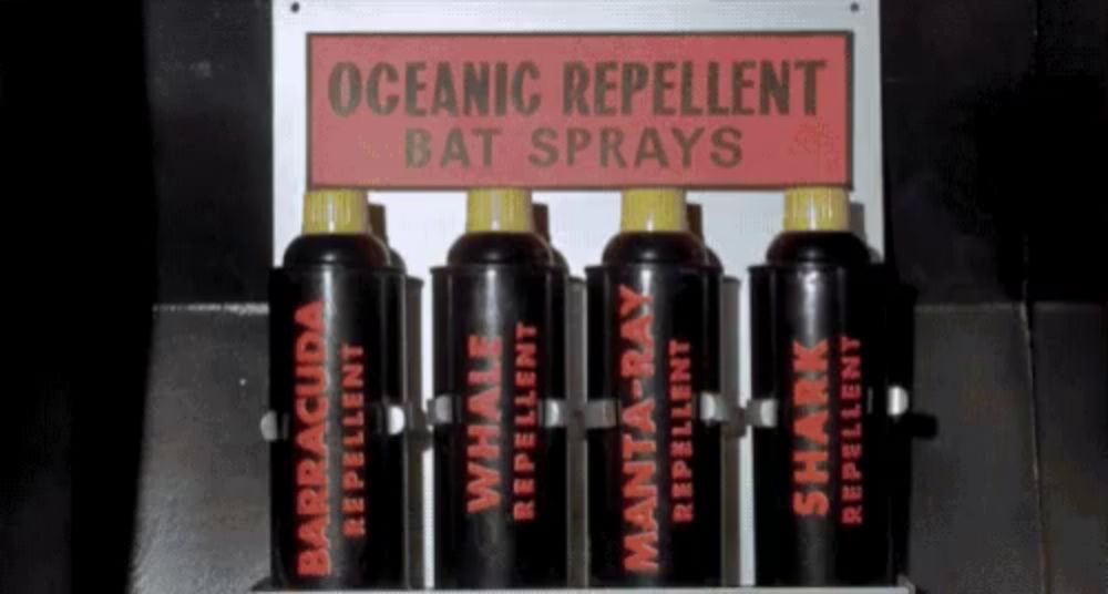 a display of oceanic repellent bat sprays including barracuda whale manta ray and shark sprays