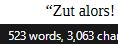 "Zut alors!" text on a word processor above a word count of 523 words