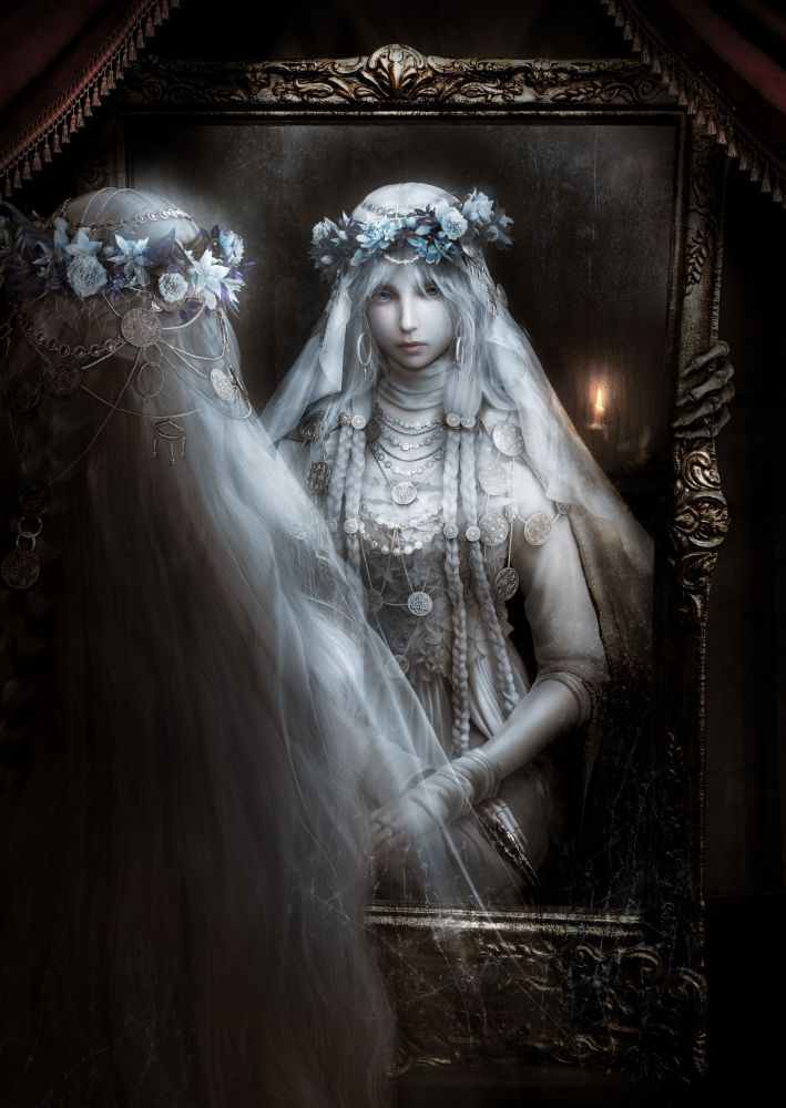 Official art of The Revenant from Elden Ring Nightreign. A doll in a flower crown and all white veil-dress combination