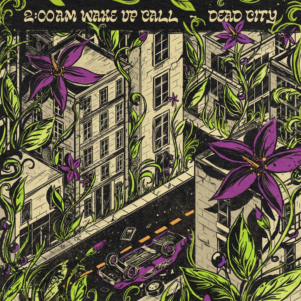 The beautiful Dead City cover art by Evangeline Gallagher depicting a wide shot of a city street from above, overgrown with huge purple and green plants, and with a car overturned in the street below. A composition book lies next to it