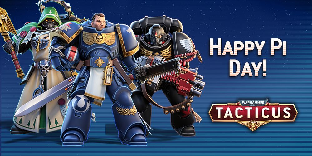 Concept art from the mobile game Tacticus, featuring characters with green, blue, and red colors, and the text "Happy Pi Day" because we think we're funny, darn it.