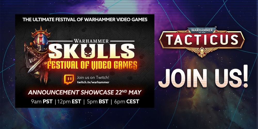 Official Warhammer Skulls event poster, inviting players to join the trailer premiere on YouTube or Twitch.