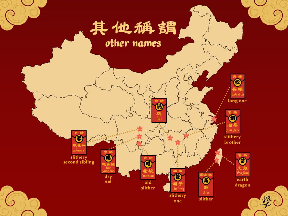 Map of China and Taiwan, showing some examples of other names in Chinese languages:
官話 Mandarin
> 成都(蓉) Chengdu: 梭老二 ꜀so ꜂nau ɚ꜄ 'slithery second sibling'
> 樂山(樂) Leshan: 乾黃鱔 ꜀kan ꜁xuaŋ san꜄ 'dry eel'
> 昭通(昭) Zhaotong: 老梭 ꜂naɔ ꜀so 'old slither'
吳語 Wu
> 松江(松) Songjiang: 長頭 ꜁zæ̃꜁dɯ 'long one'
湘語 Xiang
> 雙峰(雙) Shuangfeng: 溜子 ꜀liʊ ꜂tsɿ 'slithery one'
客語 Hakka
> 苗栗(苗) Miaoli: 土龍 ꜂tʰu ꜁liuŋ 'earth dragon'
> 銅鼓(銅) Tonggu: 溜哥 ꜀liu ꜀ko 'slithery brother'
閩南語 Southern Min
> 高雄(高) Kaohsiung: 溜 ꜀liu 'slither'
鄉話 Waxiang
> 沅陵(沅) Yuanling: 虺 ꜂ɸi