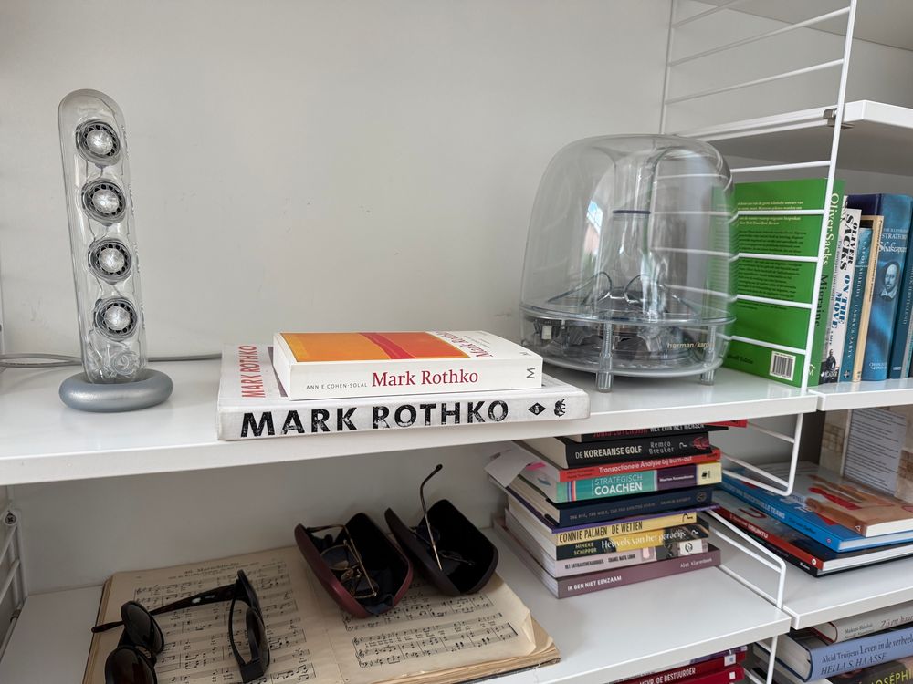 Boekenkast met boeken en brillen èn een Harman / Kardon speakerset