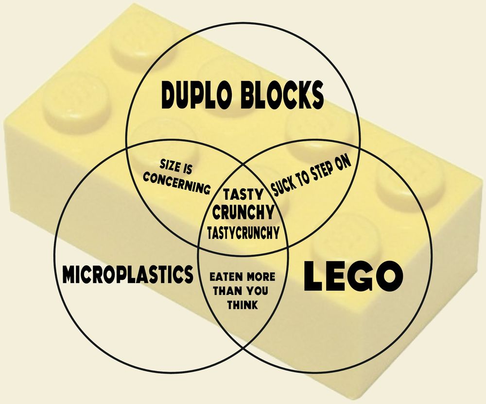 A venn diagram showing the overlapping layers of duplo blocks, legos, and microplastics, in which the center overlap of all three says "tasty crunchy tastycrunchy" and it's also real science