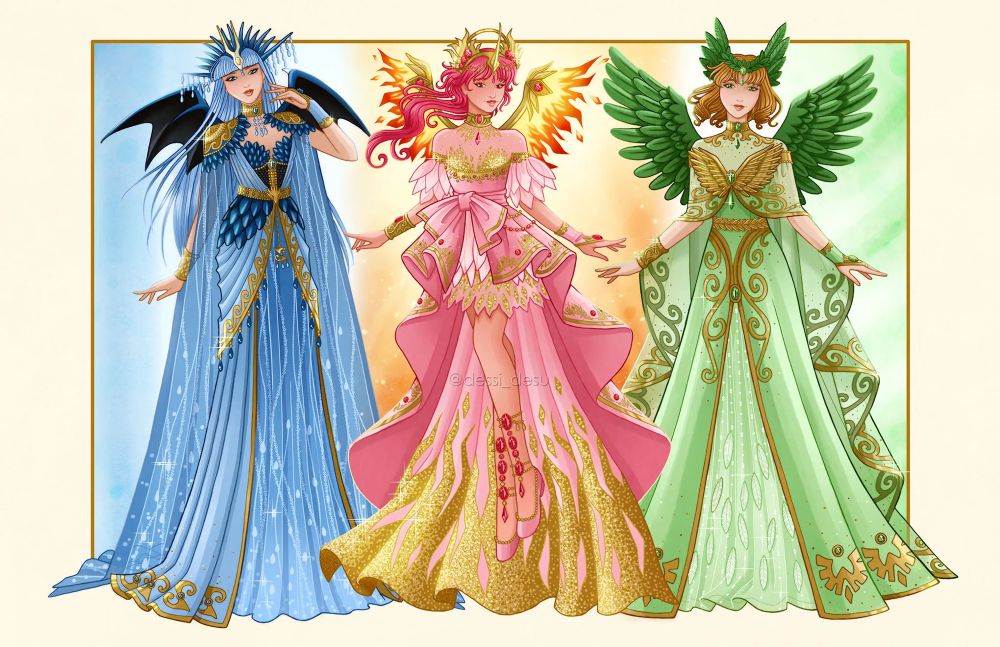 Illustration of the knights from Magic Knight Rayearth. They all wear glittering gowns with wings and headpieces inspired by their rune gods. 