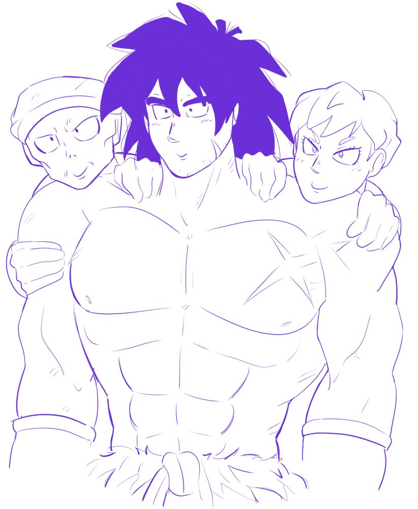 Cheelai and Lemo grabbing onto Broly's shoulders and being cute