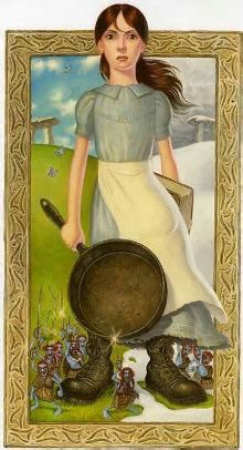 A Paul Kidby illustration of Terry Pratchett’s Tiffany Aching holding a frying pan.