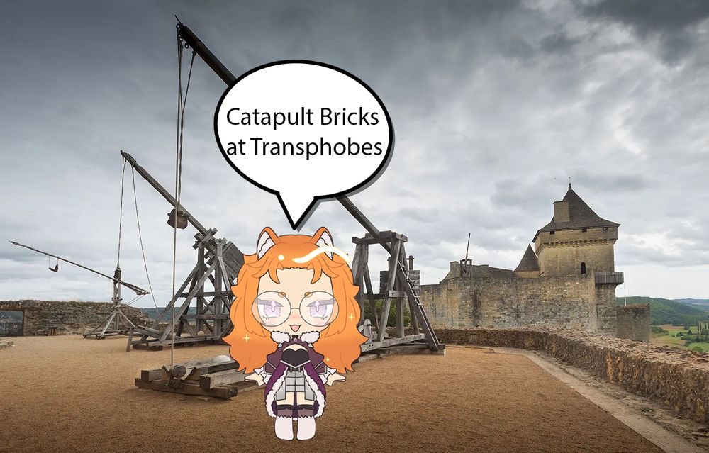 Memorii Keeshond, Dog Knight Vtuber, says, “catapult bricks at transphobes”, while standing by trebuchets