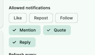 deckblue's column settings showing that only Mention, Quote and Reply notifications are allowed