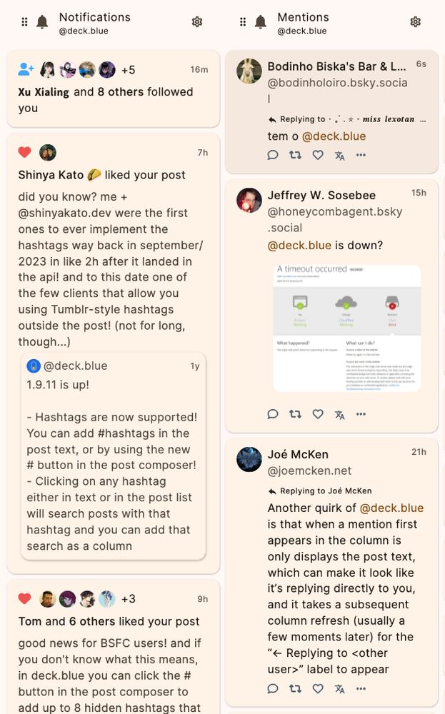 print do deck.blue mostrando uma coluna de notificações com só likes, follows e reposts e outra com só menções, quotes e respostas