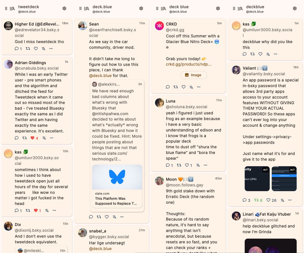 a screenshot of deck.blue showing 4 search columns for the following terms: "tweetdeck", "deck.blue", "deck blue" and "deckblue"