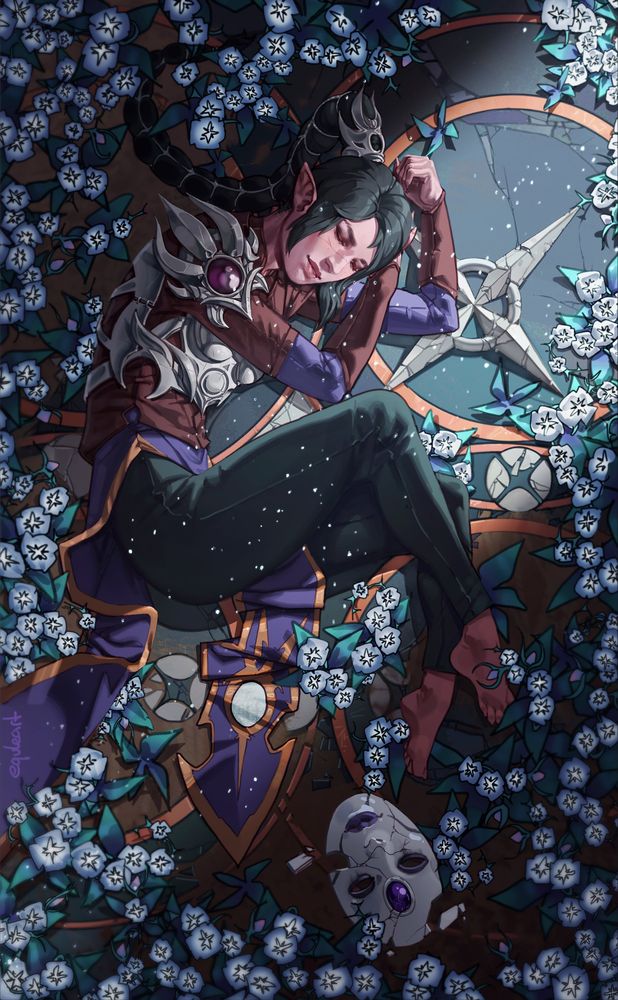 Shadowheart lying curled up on the floor of a temple to selune, surrounded by glowing night orchids. a soft ray of light illuminates her and the selunite symbols laid into the floor, leaving the shattered dark justiciar mask lying by her feet in the dark